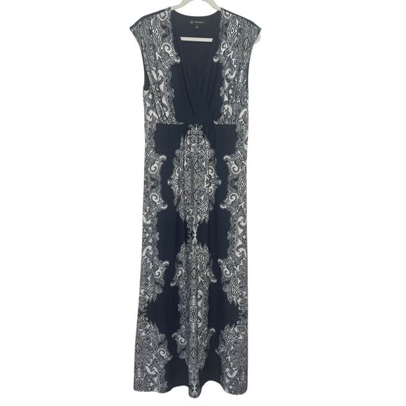 INC Bandana Print Maxi Dress Womens Large Navy Blue White Jersey Wrap V-Neck - Picture 1 of 5